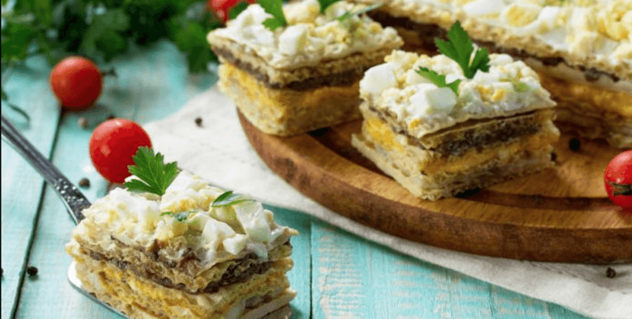 вафельные коржи, торт мясной, рецепт, кулинарный рецепт