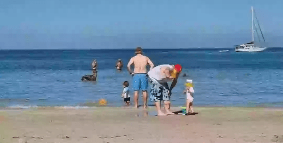 Сімейне фото, пляж, акула, загадкове фото, сімейний кадр, батько і дочка, фігура на задньому плані, фото викликало суперечки, плавник акули, акула у воді