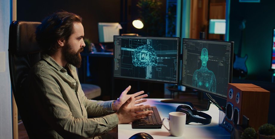 Штучний інтелект на комп'ютері Чоловік спілкується зі штучним інтелектом