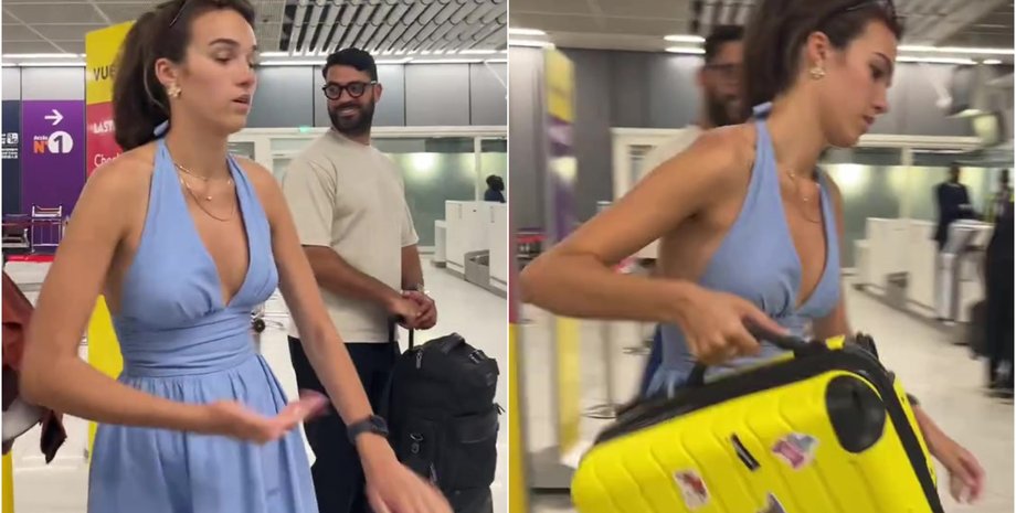 Женщина измеряет свой багаж в аэропорту