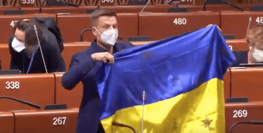 Алексей Гончаренко, заседание ПАСЕ, украинский флаг, российская агрессия