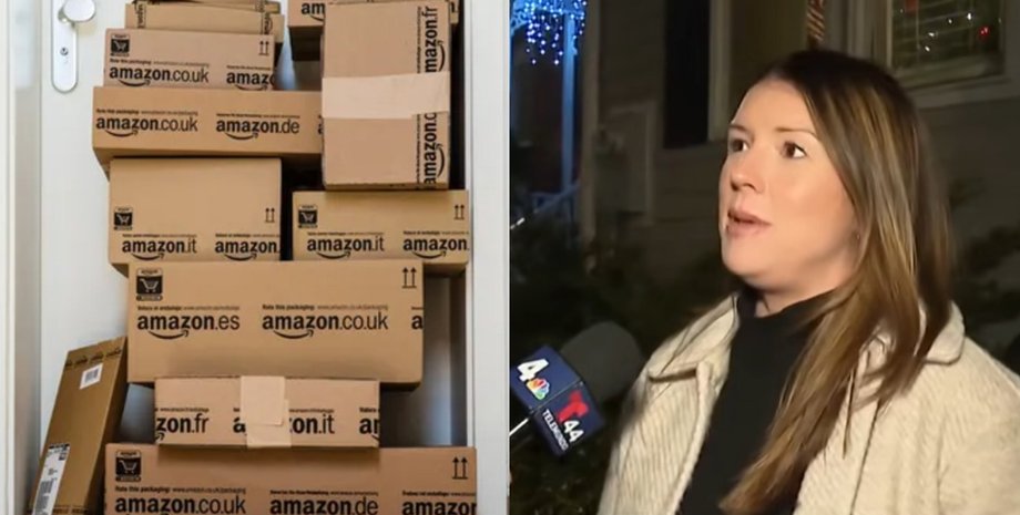 Коробки Amazon, складені біля вхідних дверей житлового будинку в США через помилку доставки адреси