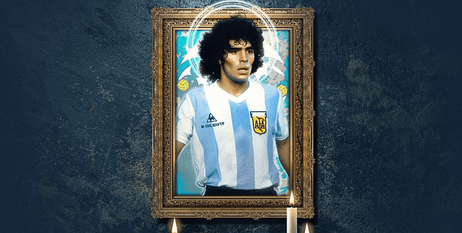 Портрет Диего Марадоны в рамке с зажженными свечами Портрет молодого Диего Марадоны в футболке сборной Аргентины, обрамленный фанатскими символами