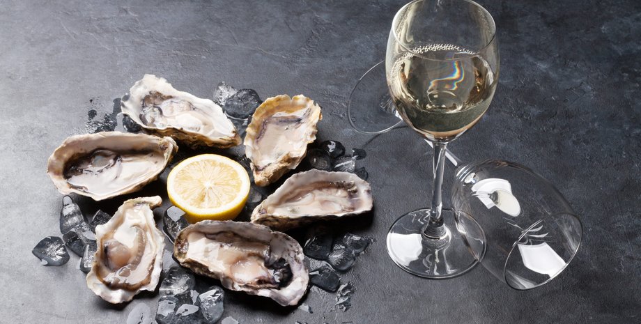 устрицы, лимон, бокал, вино, стол, фото