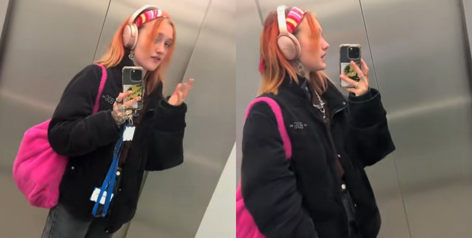 Девушка с розовой сумкой и наушниками записывает видео в застрявшем лифте