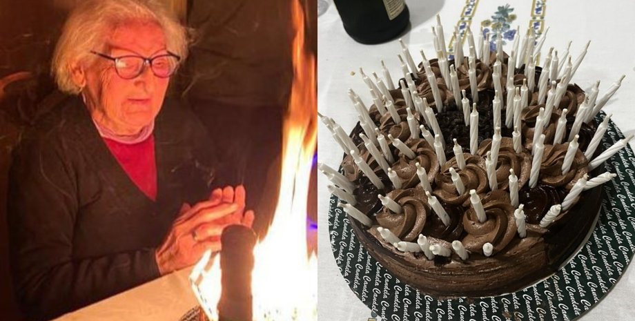 95 свечей в торте, торт, праздничный торт, 95 лет, день рождения, огонь, задули свечи, пенсионерка, бабушка,
