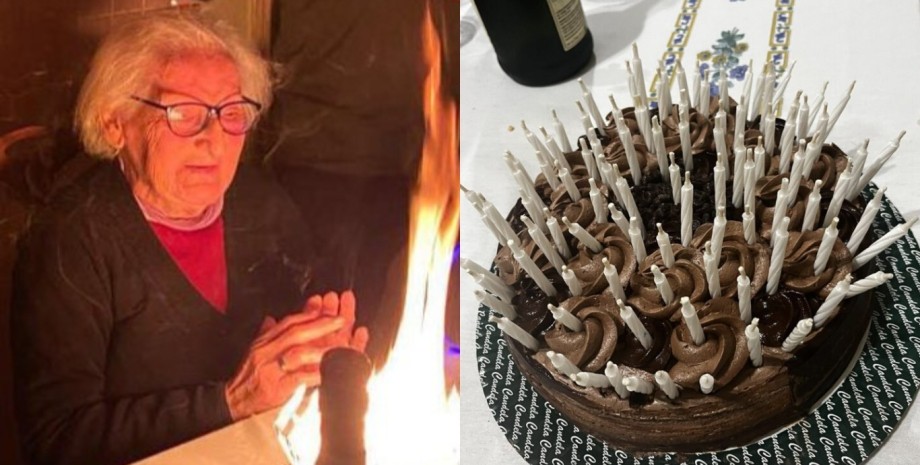 95 свечей в торте, торт, праздничный торт, 95 лет, день рождения, огонь, задули свечи, пенсионерка, бабушка,