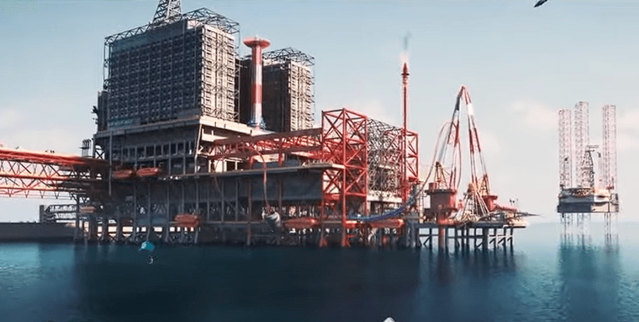 Парк развлечений посреди моря, американские горки, тематический парк, нефтяная вышка, платформа в море, посреди моря, проект