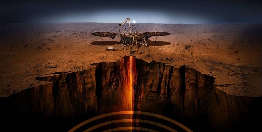 Посадка зонда InSight на Марс в представлении художника. NASA/JPL-Caltech