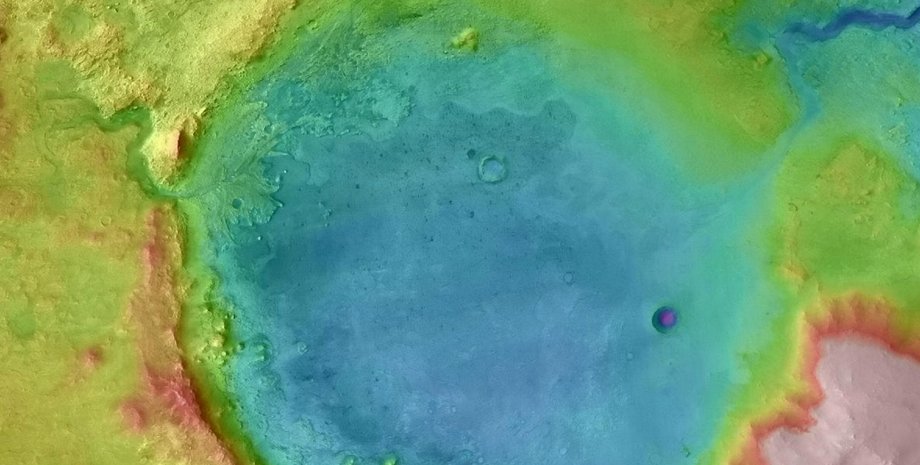 Кратер Джезеро с каньоном - бывшее озеро и потенциальное место высадки для миссии NASA Марс-2020. NASA/ Tim Goudge