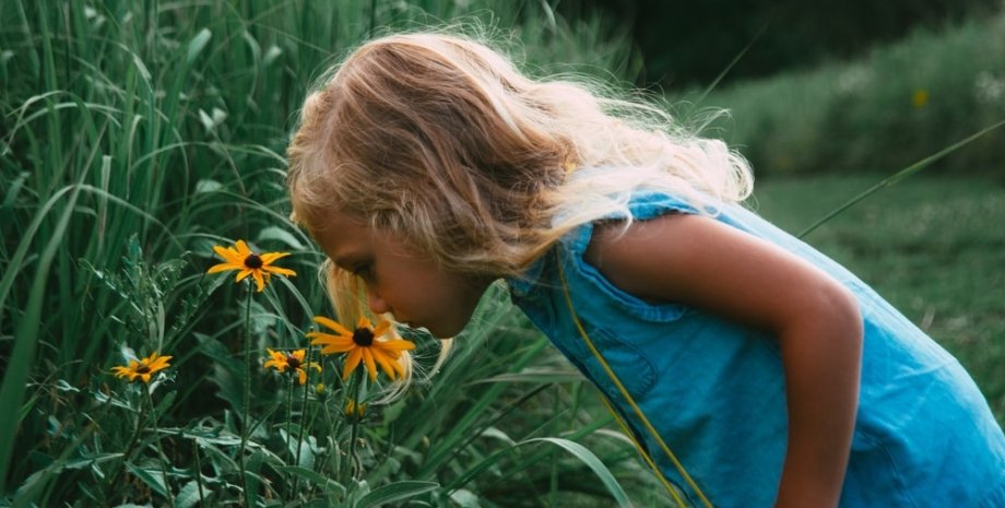 девочка, цветок, трава, фото