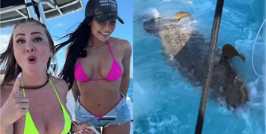 Модели поймали морское существо, Групер голиаф, модель Playboy, морское чудовище, может съесть акулу, модели в бикини