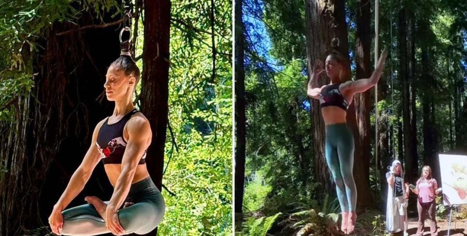 Лейла Нун повисла в воздухе на собственных волосах Лейла Нун, женщина висит в воздухе