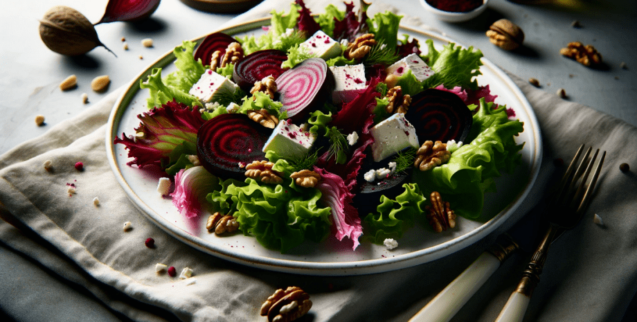 салат салат, блюдо, еда, свекла, зелень, сыр, орехи