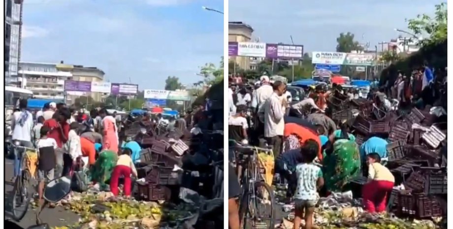 В Индии грузовик с ценным товаром перевернулся в центре города: дальше произошло это