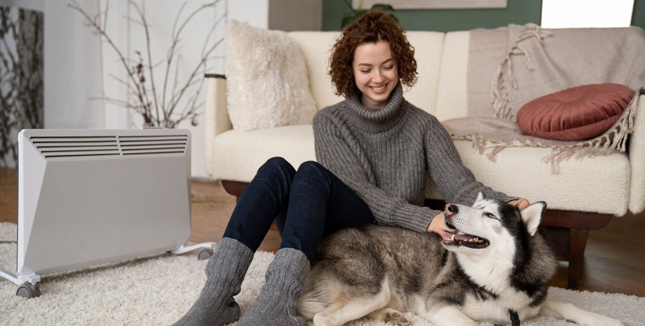 Дівчина із собакою поруч з електричним обігрівачем у квартирі