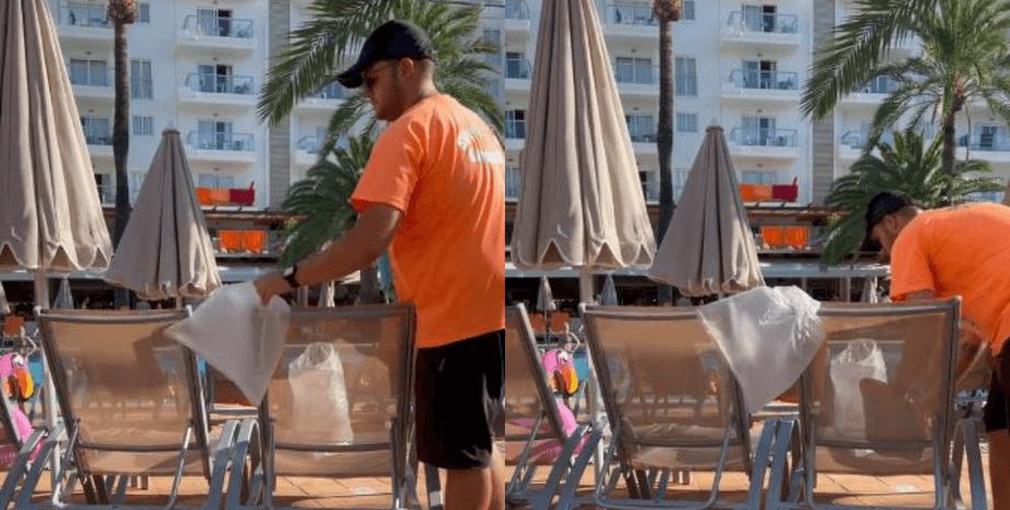 Месть в отеле, полотенца на лежаках, убирает полотенца, собирает полотенца