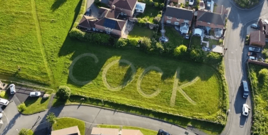 Надпись в поселке Элоу, слово на траве, курьезы, фото, приколы, Великобритания, Даррен Стерри, скандал