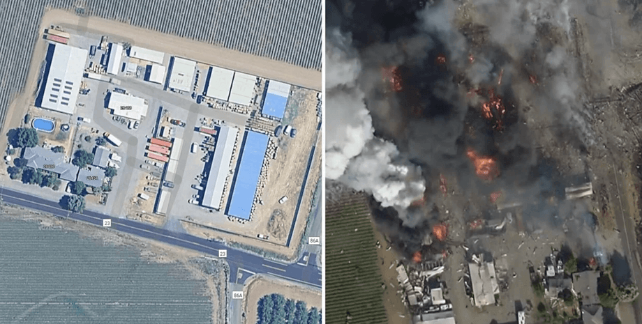 Склад феєрверків до і після пожежі й вибуху у Каліфорнії