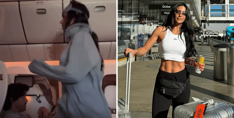 Тренировка в самолете, актриса, решила заняться спортом в самолете, тренировка в полете, мексиканская актриса, личный спортзал