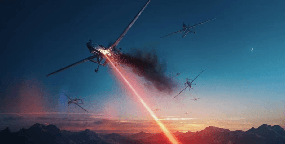 Лазерное оружие инфографика с лазерным оружием, которое лучом сжигает дрон