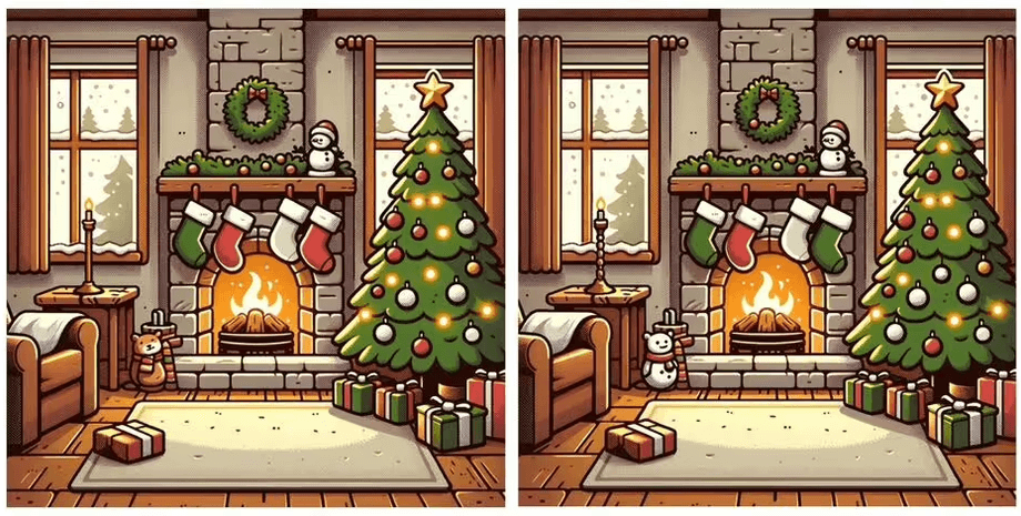 Визуальная головоломка, найди 5 отличий, тест, задача, загадка, ель, камин, Рождество, тест на внимательность, проверка зрения