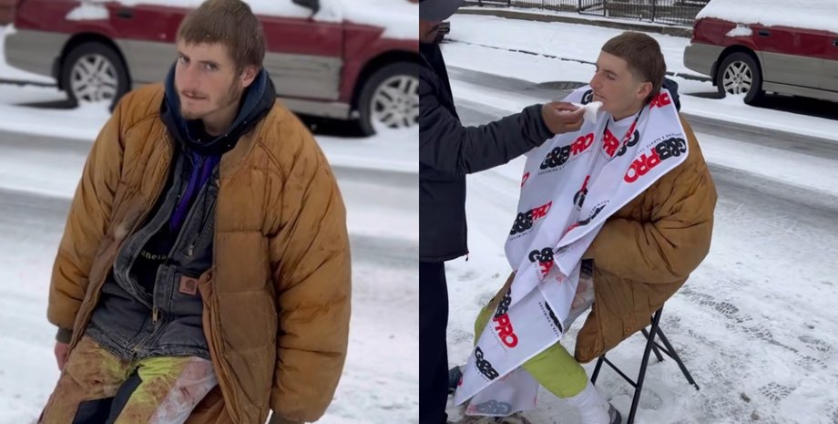 Стрижка бездомного, бездомный расплакался, акт доброты, парикмахер, помог бездомного, зимний день, помощь бездомным, соцсети