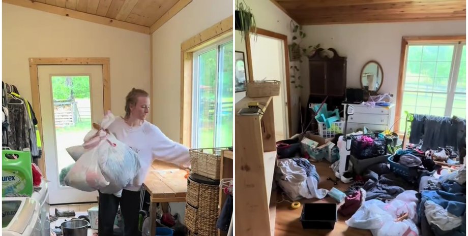 Женщина убирает в доме