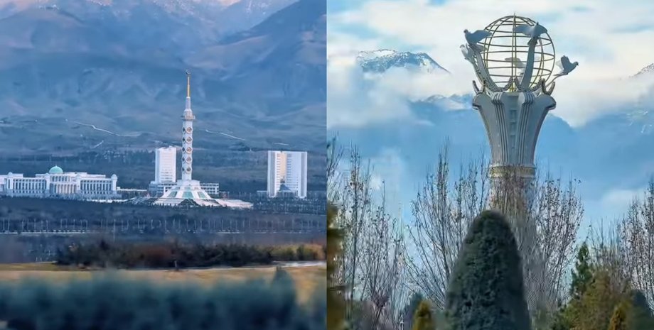 Беломраморные здания и современные монументы Ашхабада на фоне гор