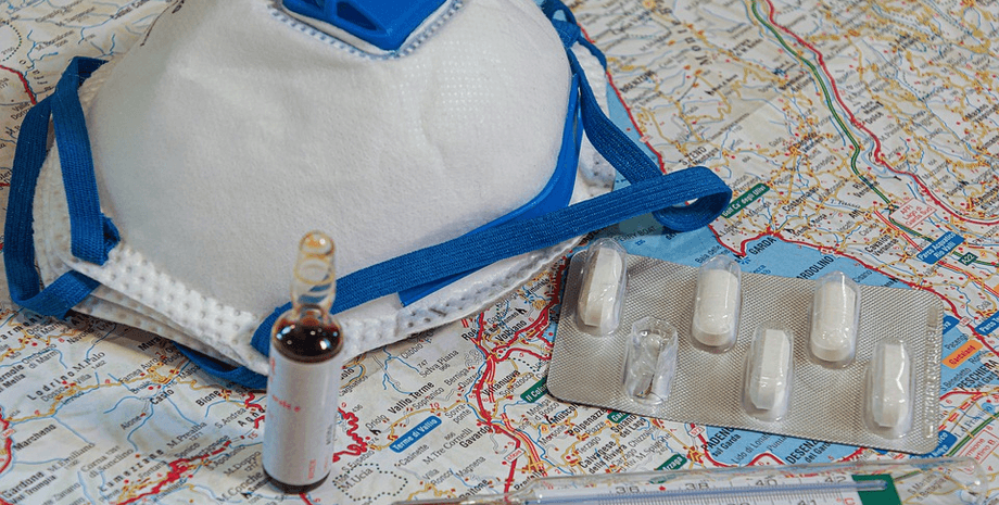 Маска, таблетки, градусник, карта, вирус, ампула