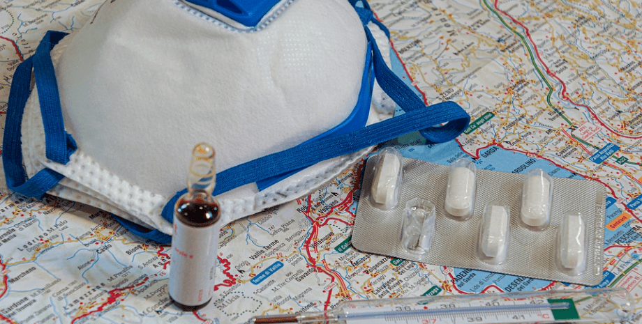 Маска, таблетки Маска, таблетки, градусник, карта, вирус, ампула