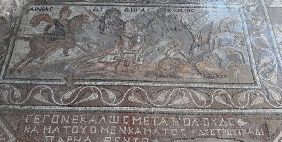 мозаика Эней, троянский герой, Энеида Вергилия, римская вилла, Османия, древнеримская вилла, город Флавиаполис, Эней борется с Леоном, Дидона, Карфаген, Троянская война, Афродита, эпическая поэма, археология, история