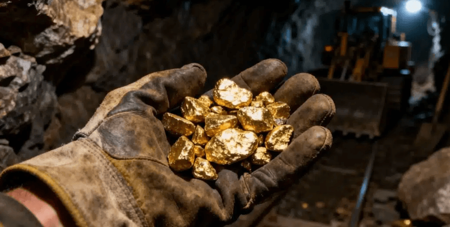 Самородки золота в руках старателя на тлі підземної шахти