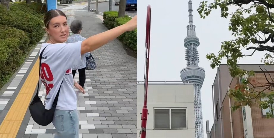 Женщина показала оптическую иллюзию с высокой башней в Японии