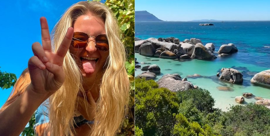 Стюардеса посміхається і показує жест "миру" на тлі тропічної зелені та блакитного неба