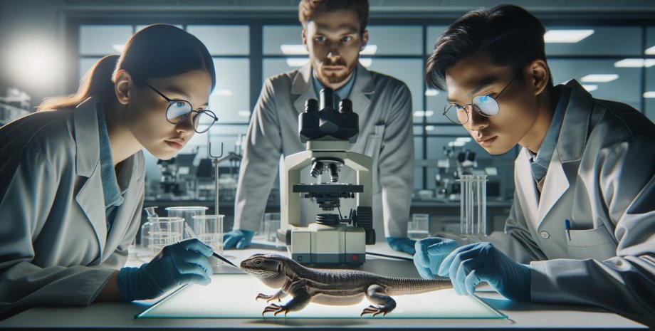 ящерица ученые, микроскоп, лаборатория