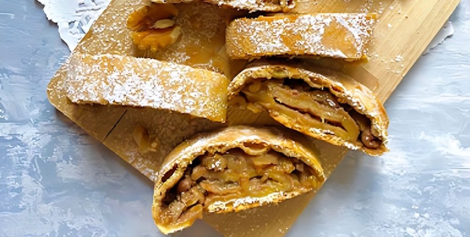 Штрудель с орехами, штрудель, штрудель рецепт, тесто для штруделя, простое тесто рецепт