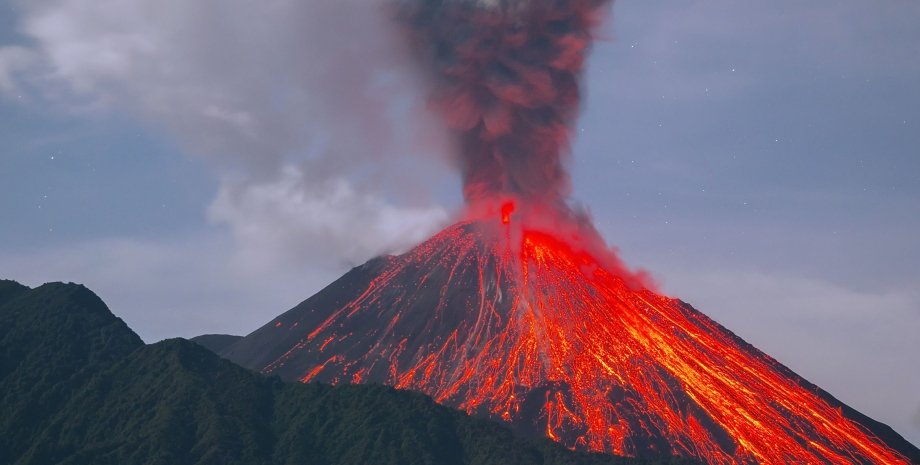 извержение, вулкан, небо, дым, пепел, фото