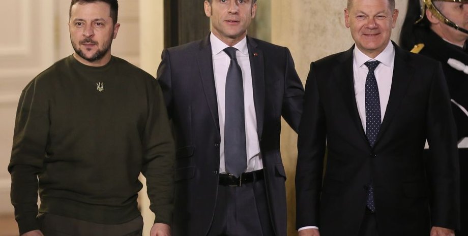Владимир Зеленский, Эмманюэль Макрон и Олаф Шольц, политики, президент, канцлер
