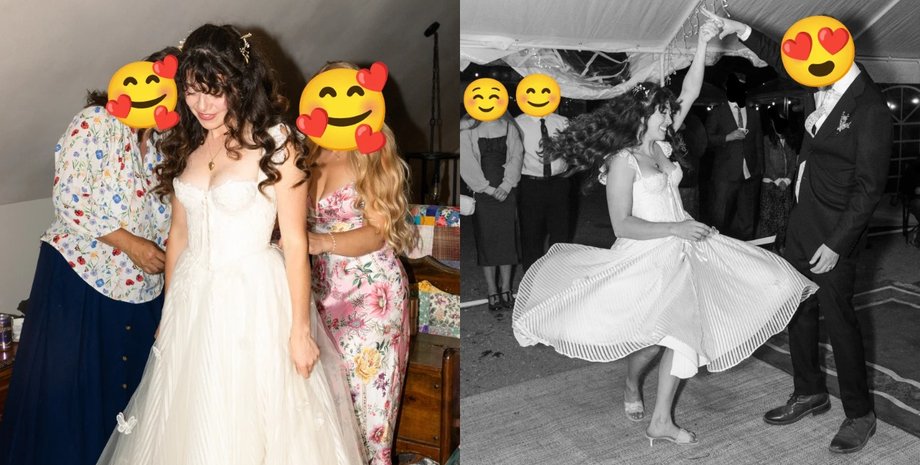 Наречена в сукні, зшитій власноруч, разом із подругами перед весіллям і в танці на прийомі