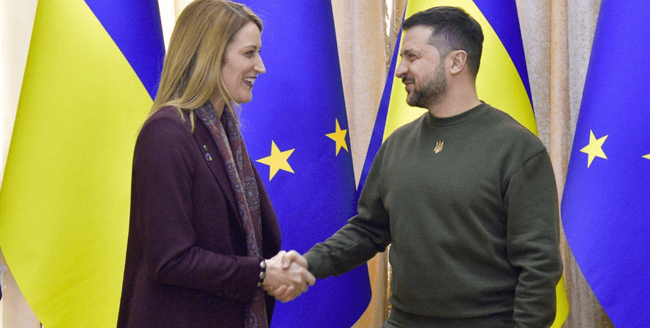 Роберта Метсола, Владимир Зеленский, флак Украины, флаг Евросоюза