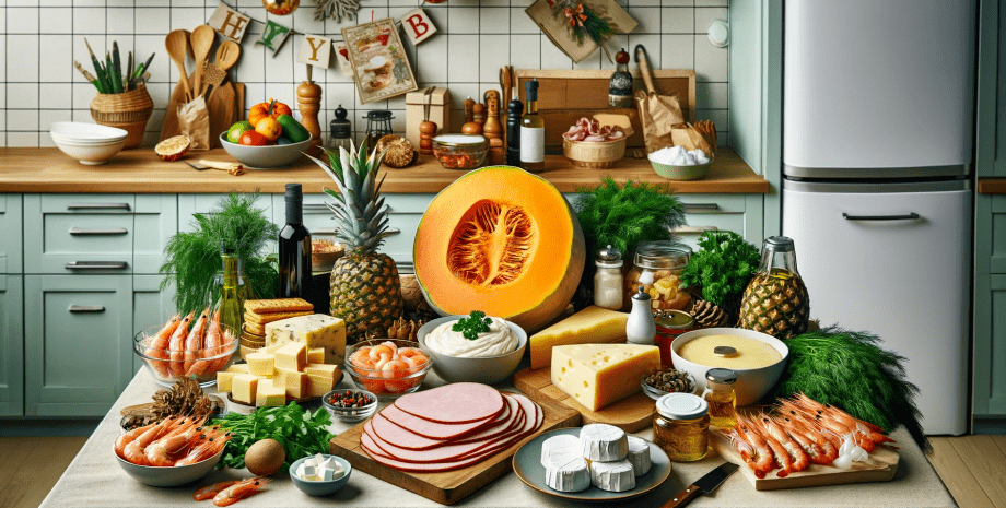 Новорічне меню святкові закуски,новорічне меню,закуска з ананасами,рецепт закуски на новий рік,страви з гарбуза,закуска з креветок