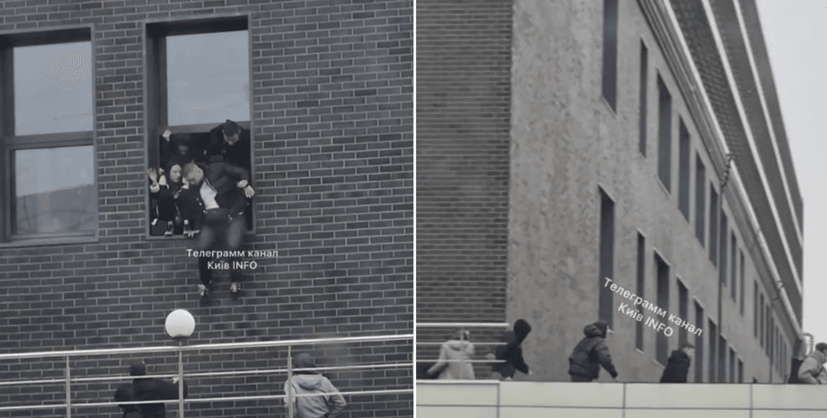 Скриншот из видео: офисники убегают с работы через крышу дома