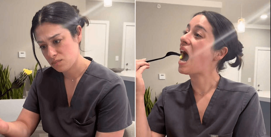 Эмбер Уилсон внимательно смотрит на кусочек ананаса и пробует его в рамках экспозиционной терапии