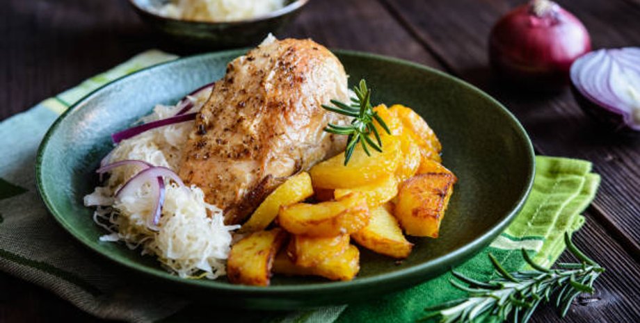 запеченная курятина, запеченный картофель, кулинария