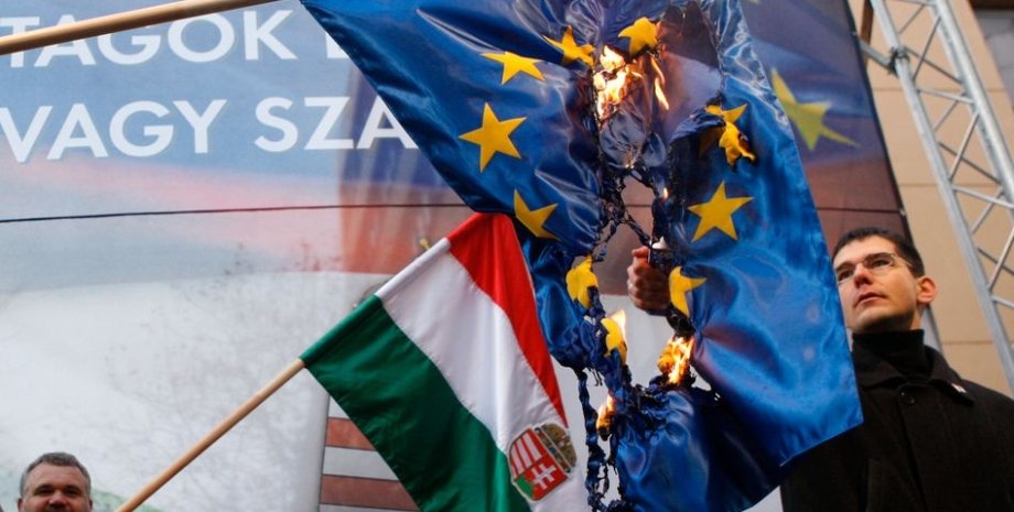 Венгерские националисты жгут флаг ЕС/Фото: Spiegel