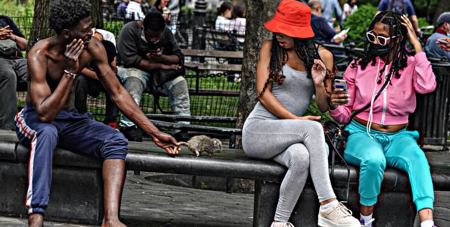 бездомный с крысой в парке в нью-йорке