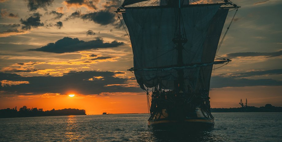 пірати, море, вітрило, захід сонця