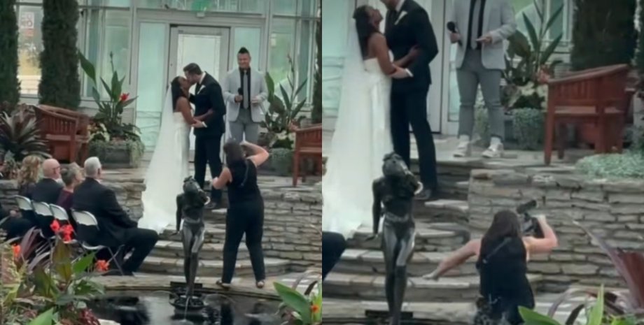 Фотограф упала в фонтан на свадьбе, но продолжила снимать держа камеру над водой