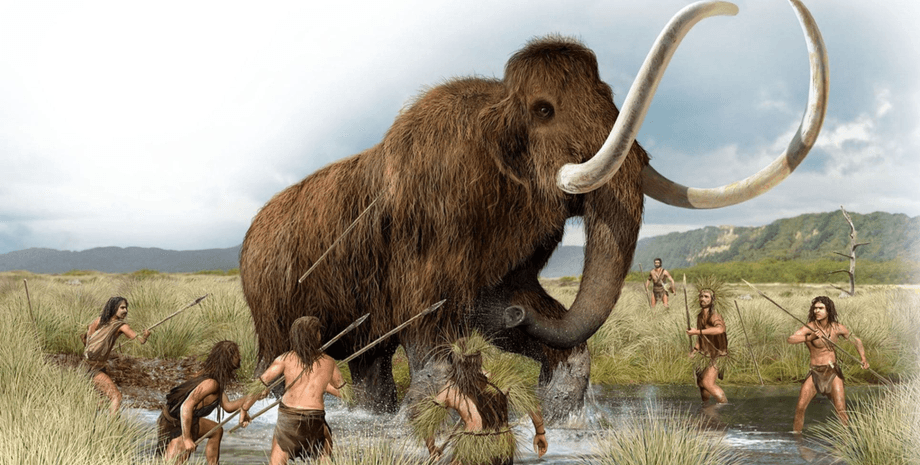 мамонти, стародавні люди, полювання, малюнок